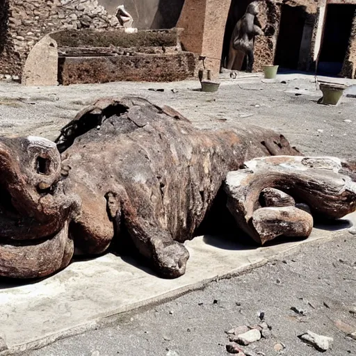 Prompt: petrified mammoth found in ruins of pompeii