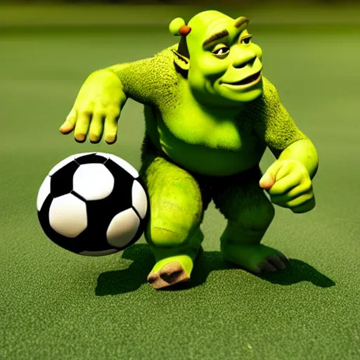 Image similar to shrek playing soccer, highly detailed, extremely high quality, hd, 4 k, 8 k, canon 3 0 0 mm, professional photographer, 4 0 mp, lifelike, top - rated, award winning, realistic, detailed lighting, detailed shadows, sharp, no blur, edited, corrected, trending