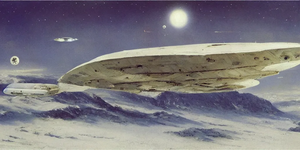 Image similar to Fernand Khnopff white giant spaceship starship battlestar airship in center on tansy wormwood field, snowy mountain afar by Fernand Khnopff by john berkey, oil painting, concept art