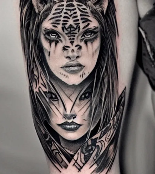 Image similar to tattoo design of a beautiful girl warrior under a tiger head, hyper realistic, realism tattoo, by eliot kohek, beautiful eyes, realistic face, black and white, white background