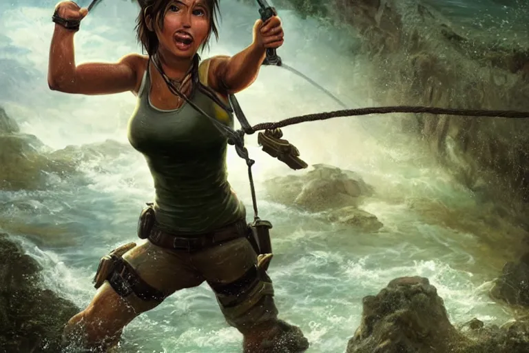 Prompt: extremely derpy looking Lara Croft jumping from rope to rope hanging over a roaring ancient river, fireflies by Lilia Alvarado