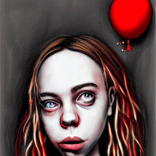 Image similar to surrealism grunge cartoon portrait sketch of billie eilish with a wide smile and a red balloon by - michael karcz, loony toons style, the conjuring style, horror theme, detailed, elegant, intricate