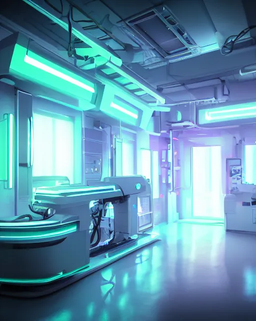 Image similar to neon surgery machine cyberpunk futuristic, in a white room realistic shaded