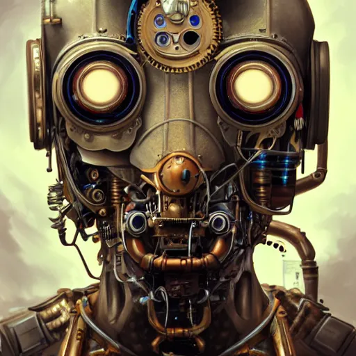 Prompt: portrait painting of a steampunk cyborg robot, ultra realistic, concept art, intricate details, eerie highly detailed