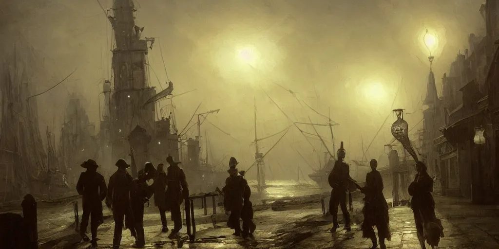 Image similar to streets of innsmouth during the night by the ocean, lovecraftian atmosphere, sailors standing up in front of the house, mutant fishmen walking in the port, mystical fog, oil on canvas, art by andreas achenbach, clemens ascher, tom bagshaw and sabbas apterus,