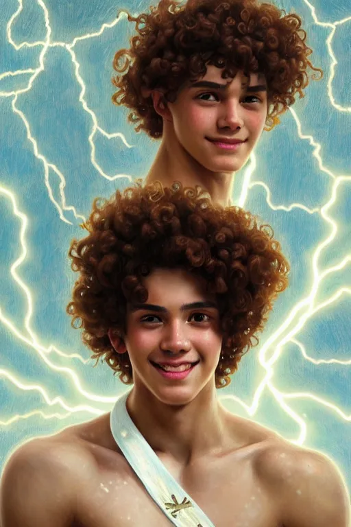 Image similar to portrait of teenage zeus, greek, short curly copper hair, smiling mischievously, wearing a white sash, olive tree, intricate, elegant, lightning bolt, glowing lights, highly detailed, digital painting, artstation, concept art, smooth, sharp focus, illustration, art by wlop, mucha, artgerm, and greg rutkowski