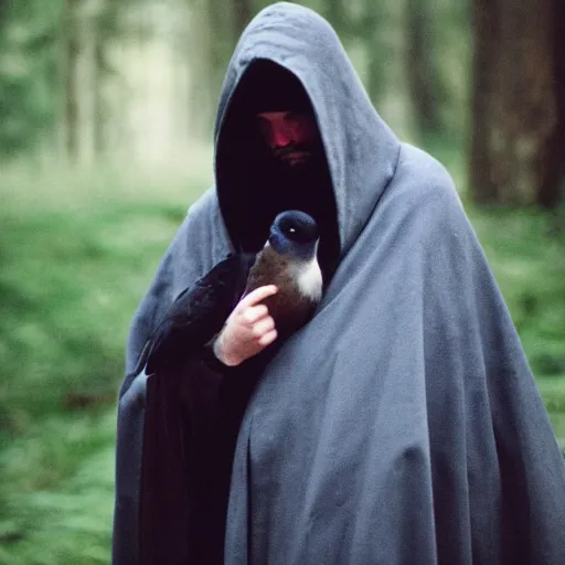 Image similar to man in black hooded cloak holds a bird, kodak vision 3 500t