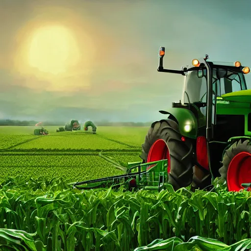 Image similar to huge green farming robot with agricultural tractor in the corn field, sphere shape, robots, humanoid, farming, highly detailed digital painting, artstation, concept art, smooth, sharp focus, illustration, art by artgerm and greg rutkowski, unreal engine