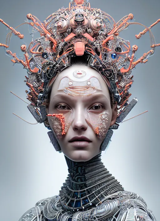 Image similar to portrait of an absurdly beautiful, graceful, sophisticated, fashionable cyberpunk mechanoid, hyperdetailed illustration by irakli nadar and vania zouravliov, matt wisniewski style, intricate linework, white porcelain skin, faberge, coral headdress, unreal engine 5 highly rendered, global illumination, radiant light, detailed and intricate environment