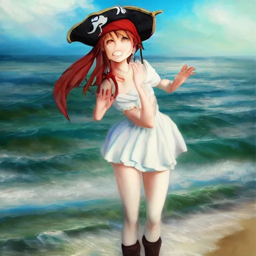 Image similar to dancing milk maid woman wearing a pirate hat shore seascape in the style of Krenz Cushart