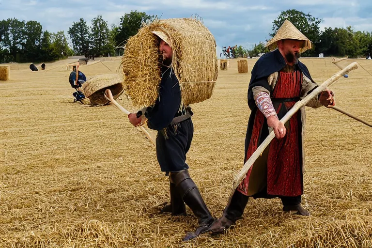 Prompt: man with scythe, medieval art, mowing of the hay, drmatic ligthing, traditional romanian clothes, woodstock festival