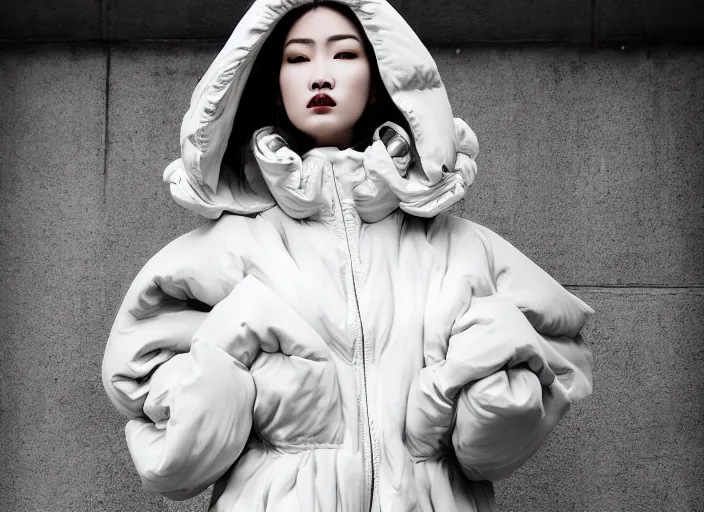 Image similar to well lit fashion shoot portrait of extremely beautiful female marble statue wearing huge over size puffer jacket by dingyun zhang, yeezy, balenciaga, vetements, a cold wall, sharp focus, clear, detailed,, cinematic, detailed, off white, glamourous, symmetrical, vogue, editorial, fashion, magazine shoot, glossy