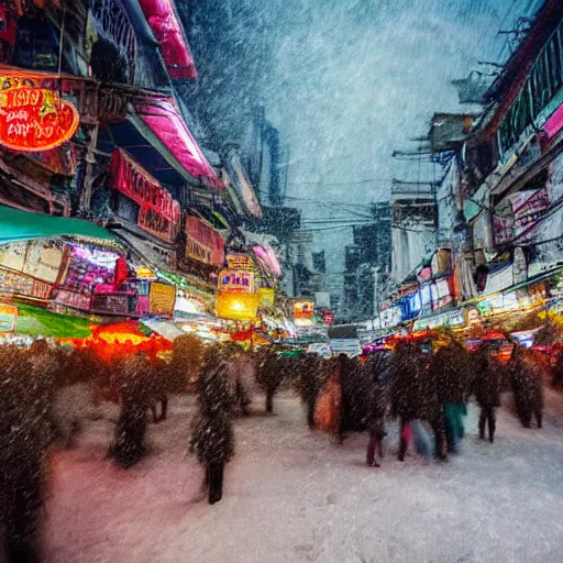 Prompt: crowded bangkok nightmarket covered in snow with freezing winds impressionist style wide view