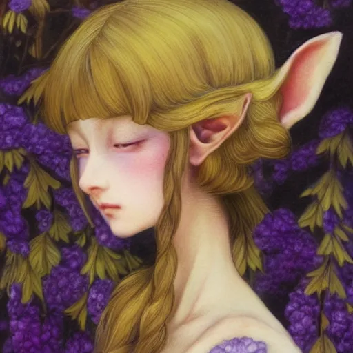 Image similar to little elf girl, tunic, soft hair. light color palate, purple, yellow and white. detailed soft painting, ayami kojima, made in abyss, anatomically correct, inspired in balthus, high detailed face anime, vogue magazine