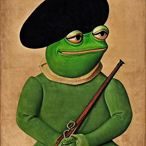 Image similar to pepe the frog as 1 8 th century prussian soldier, elegant portrait by sandro botticelli, detailed, symmetrical, intricate