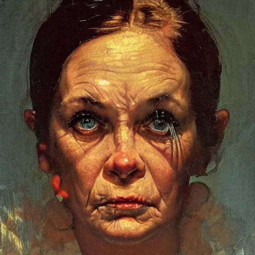 Prompt: Front portrait of an angry woman in the dark with eyes that literally glow. A painting by Norman Rockwell.