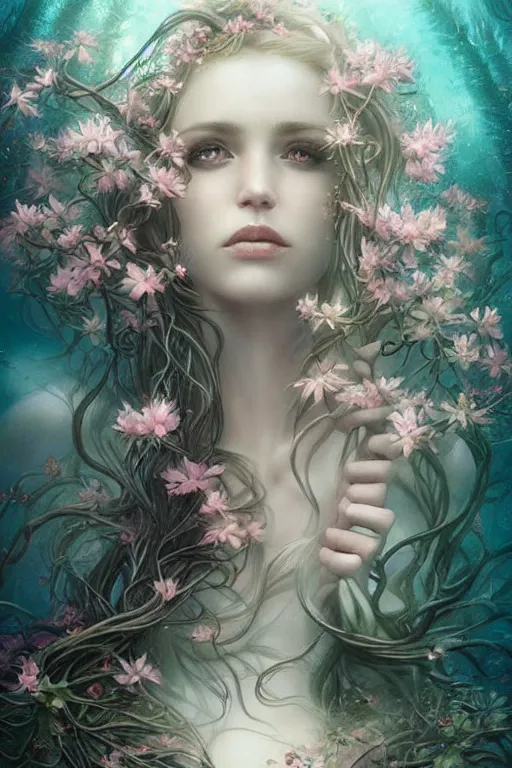 Prompt: a goddess of azaleas!! standing in a windy underwater garden! with a beautiful symmetrical face!!! cinematic lightning, murky dusty deep, smoky eyes, isolated, studio lighting by artgerm and tom bagshaw