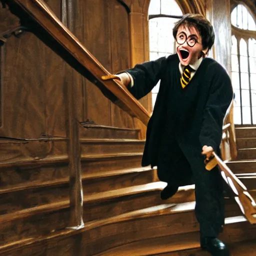 Image similar to harry potter yelling at a wooden staircase