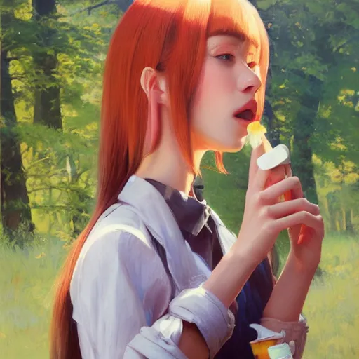 Prompt: oil painting by ilya kuvshinov,, baugh casey, rhads, coby whitmore, of a youthful japanese beauty, long hair, standing eating a pushpop outdoors by vending machines, highly detailed, breathtaking face, studio photography, dawn, intense subsurface scattering, blush, supple look, innocence, intense sunlight