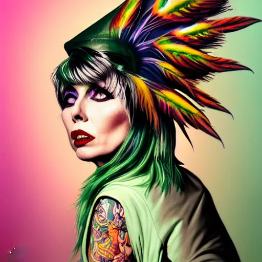 Image similar to portrait of debbie harry as a punk woman with green mohawk, neotraditional tattoos, fishnets, long tartan skirt as phoenix queen, feathers, wings, rainbow clothes,, sci - fi, intricate and very very beautiful and elegant, highly detailed, digital painting, artstation, smooth and sharp focus, illustration, art by tian zi and wlop and alphonse mucha