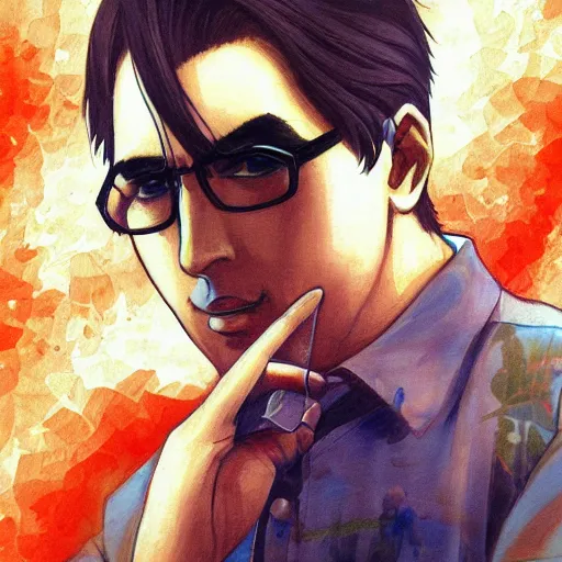 Image similar to beautiful amazing anime portrait painting of nicholas cage in tokyo. by satoshi kon, hayao miyazaki, kuvshinov ilya, lariennechan, aokamei