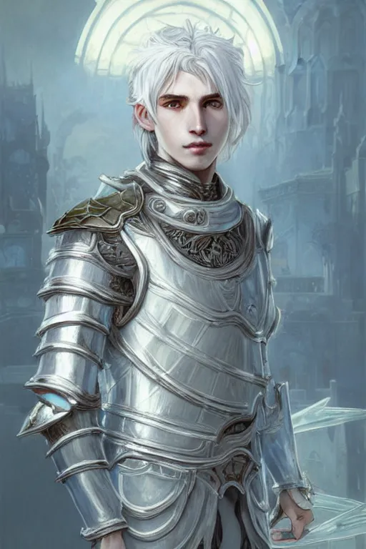 Prompt: portrait white hair knights of Zodiac boy, Sliver ice color reflected armor, in ruined Agora of Athens Sunrise, ssci-fi and fantasy, intricate and very very beautiful and elegant, highly detailed, Frostbite Engine, digital painting, artstation, concept art, smooth and sharp focus, illustration, art by tian zi and WLOP and alphonse mucha