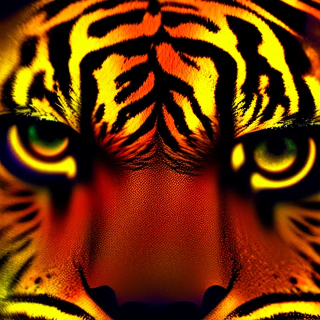 Prompt: macro shot of eye of the tiger, centered eye, symmetry, colorful, sharp and focus, ultra detailed, beautifully lit, in the art style of marc simonetti