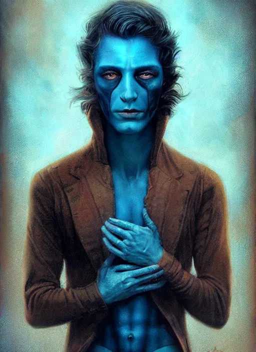 Image similar to an ominous portrait of a burned man with beautiful blue eyes and short brown hair, art by manuel sanjulian and tom bagshaw