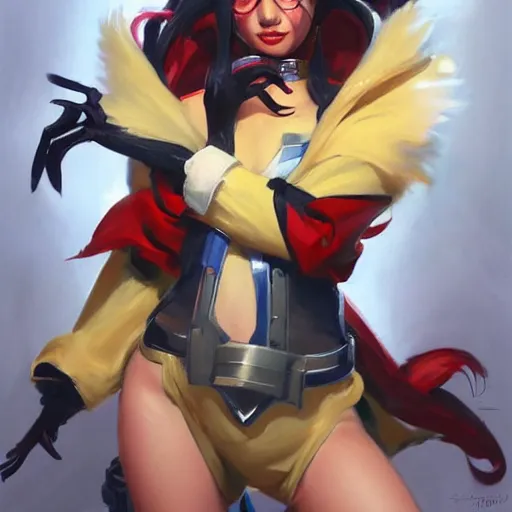 Image similar to greg manchess portrait painting of ahri as overwatch character, medium shot, asymmetrical, profile picture, organic painting, sunny day, matte painting, bold shapes, hard edges, street art, trending on artstation, by huang guangjian and gil elvgren and sachin teng