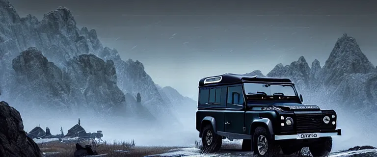 Prompt: Land Rover Defender 110 (1985), an epic fantasy, dramatic lighting, cinematic, establishing shot, extremely high detail, photorealistic, cinematic lighting, artstation, by simon stalenhag, The Elder Scrolls V: Skyrim, Whiterun Hold, Dragonsreach castle in the distance, Battle for Whiterun city, Stormcloaks vs Imperials, Swarms of Stormcloaks and Imperials fighting eachother, Intense fighting, Whiterun city burning, Skyrim Civil War