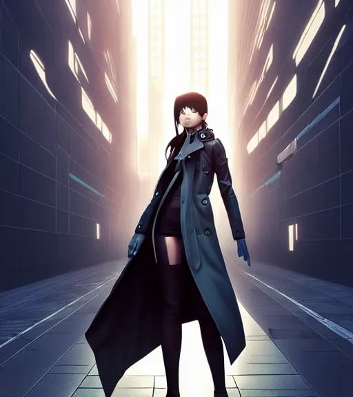 Image similar to realistic render of a cyborg - girl wearing a long trench coat by ross draws, futuristic dystopian city by ilya kuvshinov, digital anime art by ross tran, composition by sana takeda, lighting by greg rutkowski