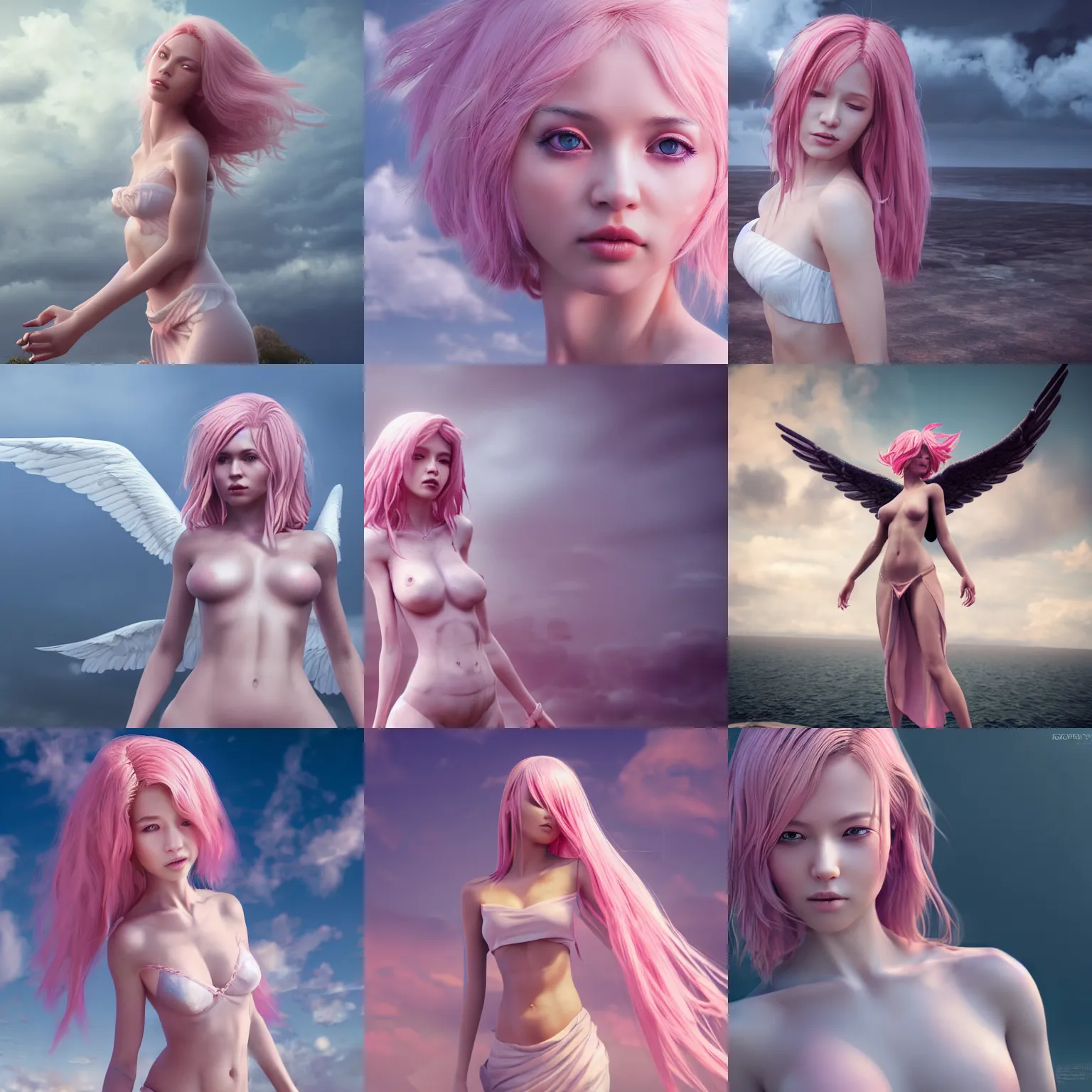 Prompt: beautiful female angel in cloudy sky, pink hair, white sarong, detailed anatomy, by wlop, cg society contest winner, cinematic paint, unreal engine