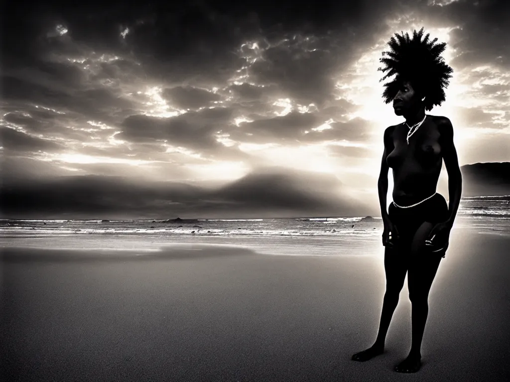 Image similar to a black woman experiencing timelessness on a desert beach, early morning, golden hour, altered state, beautiful, moody, cinematic lighting highly detailed, inspired by detailed graphic novel cover art, photo by sebastiao salgado