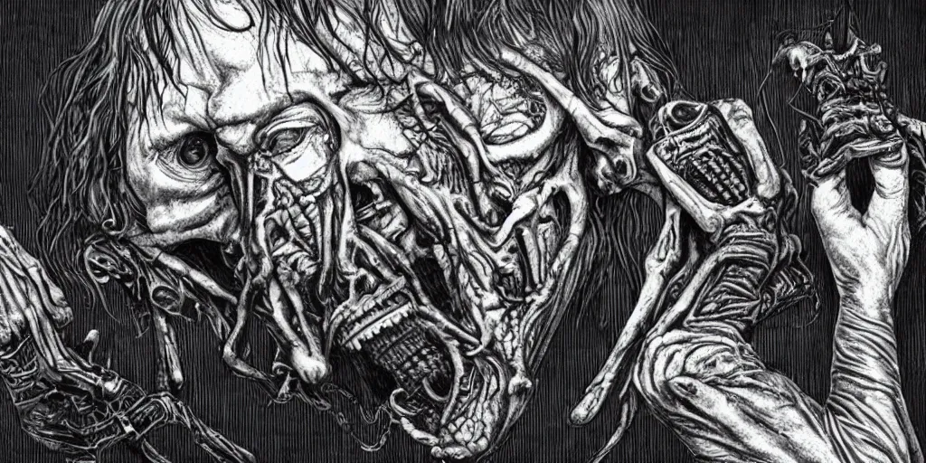 Prompt: mick jagger has an hp lovecraft fantasy horror dream, style of h.r. giger,