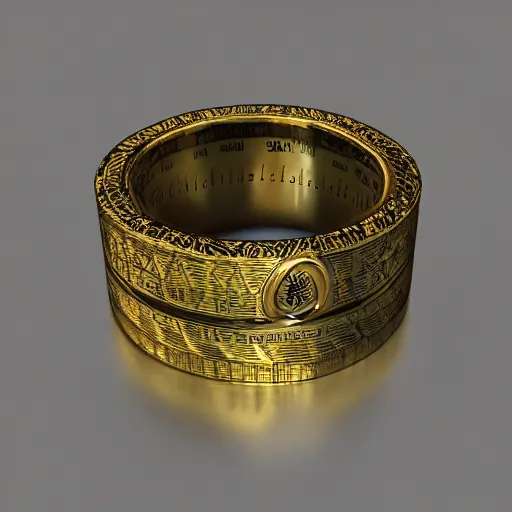 Image similar to the ring from lord if the rings with an imprinted ruler, cm scale imprinted on the inside of the ring, one ring to rule them all, highly detailed, 8 k, trending on artstation, mystic, rpg artwork