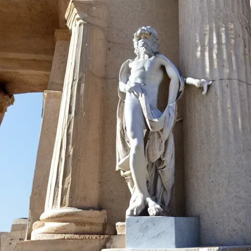 Image similar to a man in the form of a greek sculpture, holding huge eye, pillar, greek architecture, made of marble