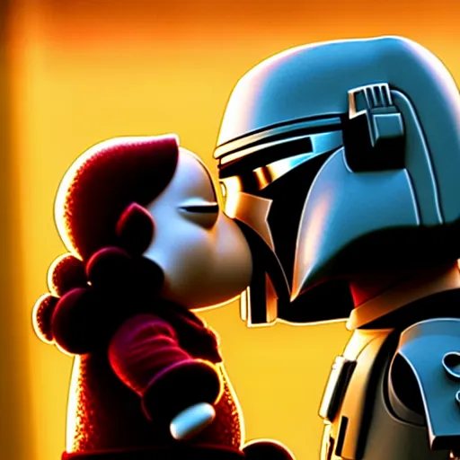 Prompt: mando from mandalorian kissing peter parking from family guy ultra realistic, lens flare, atmosphere, glow, detailed, intricate, full of colour, cinematic lighting, trending on artstation, 4 k, hyperrealistic, focused, extreme details, unreal engine 5, cinematic, masterpiece, ultra realistic, hyper realistic, highly detailed, sharp focus, digital art