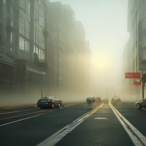 Image similar to still shot of a busy street covered in fog, highly detailed, photorealistic portrait, bright studio setting, studio lighting, crisp quality and light reflections, unreal engine 5 quality render