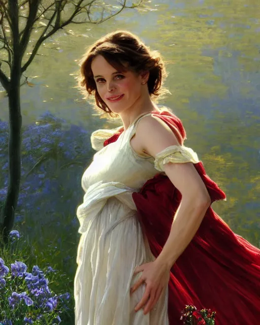 Image similar to a portrait painting of rachel lane / sabrina lloyd / perdita weeks / rachel mcadams / nicole de boer hybrid oil painting, gentle expression, smiling, elegant clothing, scenic background, extremely detailed and lifelike, artgerm, greg rutkowski, alphonse mucha, vladimir volegov, adolphe bouguereaum, jason edmiston