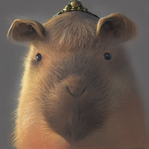Prompt: detailed photorealistic mugshot of a capybara wearing a highly detailed ornamented crown, sharp focus, in the style of ruan jia, Mandy jurgens, cinematic light, concept art, trending on artstation, ultra realistic