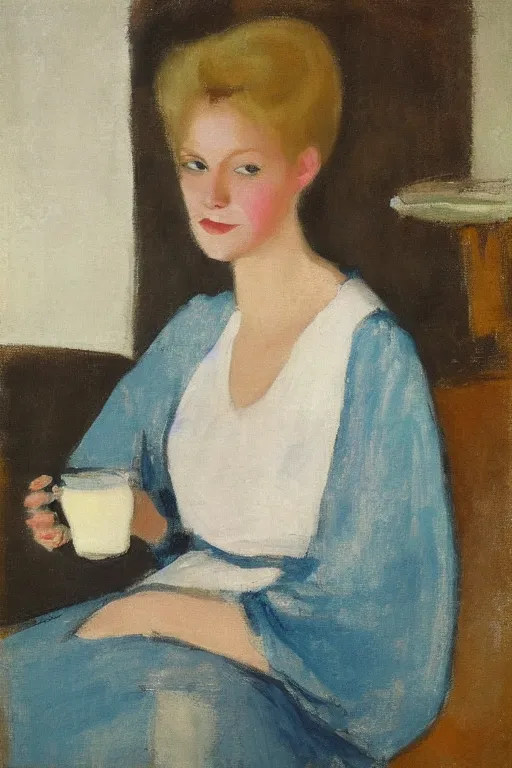 Prompt: portrait of a young woman with blonde hair, wearing a kaftan, drinking milk, by charles hawthorne