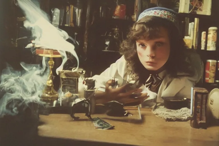 Image similar to polaroid 1 9 8 0's photo, close up portrait, dramatic lighting, concentration, calm confident teen witch and her cat reading tarot card, incense smoke fills the air, a witch hat and cape, ingredients on the table, apothecary shelves in the background, still from harry potter