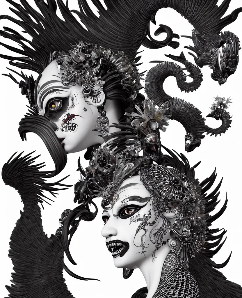 Image similar to 3 d goddess close - up profile portrait punk with mohawk with ram skull. beautiful intricately detailed japanese crow kitsune mask and clasical japanese kimono. betta fish, jellyfish phoenix, bio luminescent, plasma, ice, water, wind, creature, artwork by tooth wu and wlop and beeple and greg rutkowski