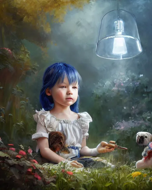 Image similar to a highly detailed oil painting of A little girl, in professional makeup, with medium length blue hair covering an eye, and a garden with dog, and large obsidian crystals, cinematic lighting, dramatic atmosphere, by Dustin Nguyen, Akihiko Yoshida, Greg Tocchini, Greg Rutkowski, Cliff Chiang, 4k resolution, trending on artstation