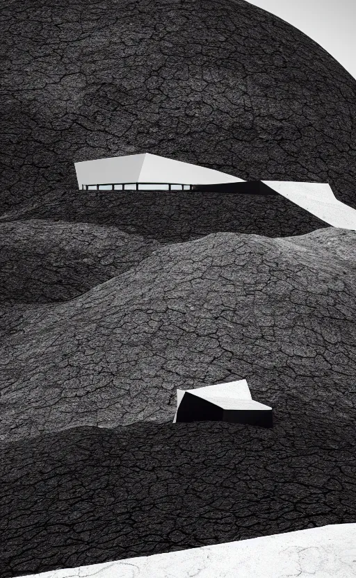 Image similar to tall black geometric house, embedded in lava cliff, full view, black house, molten metal house, minimal, rippled white landscape, dwarven architecture, light from molten iron, octane render, hyper realistic, 8 k, octane render,