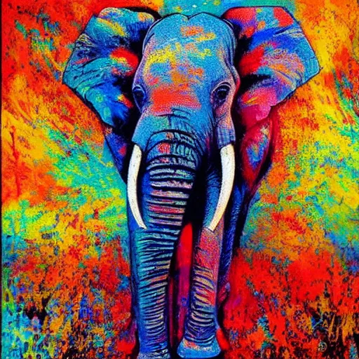 Prompt: symmetrical artistic painting of an elephant made with brush strokes and colour explosions