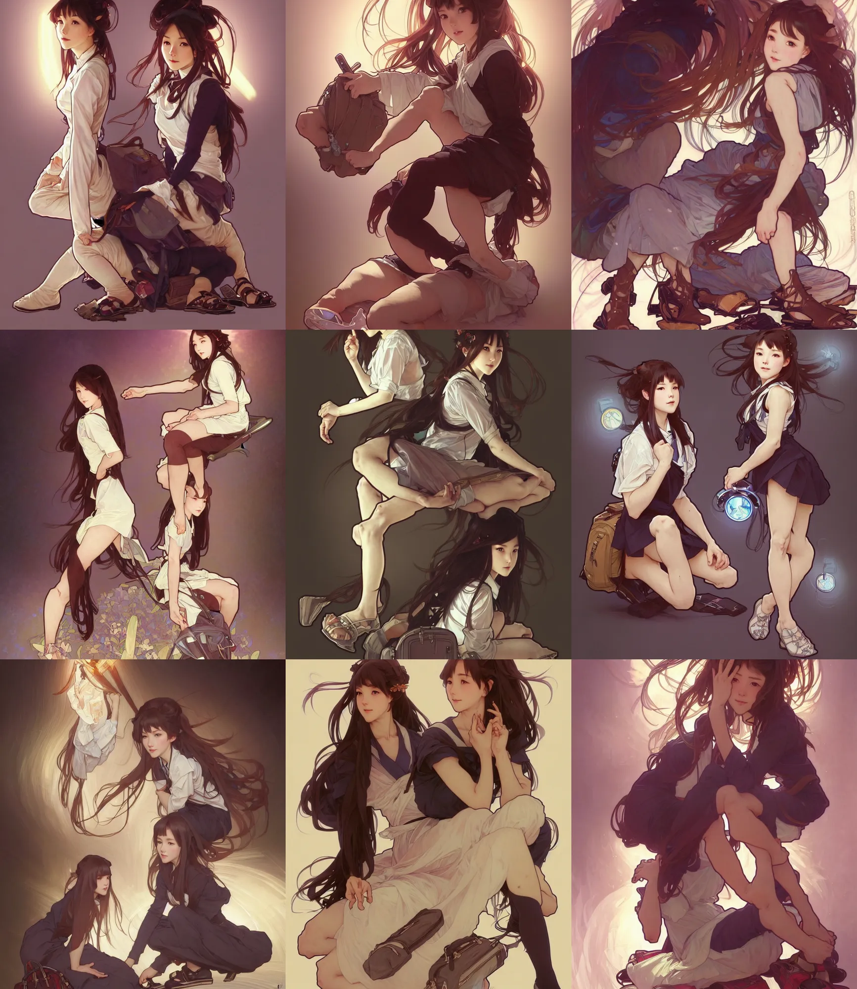 Prompt: a digital concept art by artgerm and greg rutkowski and alphonse mucha. full body!! clear portrait of a squatting attractive japanese school girl in uniform!! sit on heels!! school bag, light effect. hyper detailed, character concept, glowing lights!! intricate, elegant, digital painting, artstation, smooth, sharp focus