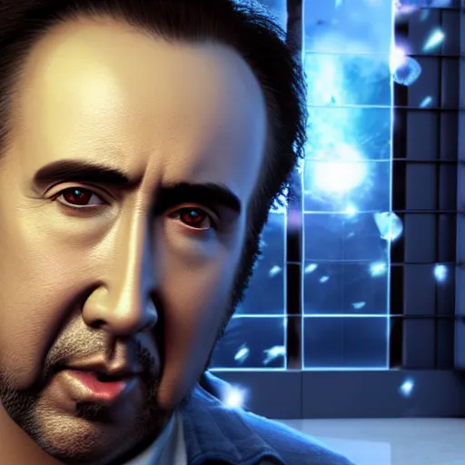 Image similar to Nicolas Cage JRPG cinema 4d render, Ray tracing reflection, natural lighting, award winning photography