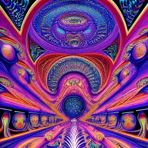Prompt: beautiful and highly detailed painting of the inside of a dmt hyperspace filled with intricate and perfect patterns surrounded by infinite detailed rooms by moebius and alex grey