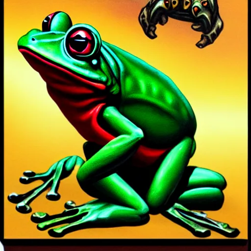 Image similar to oil painting of a frog warrior, in the style of 9 0 s dungeons & dragons and magic the gathering, character art card, highly readable